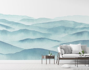 Indigo Blue Watercolor Mountain Wallpaper | Abstract Smoky Mountains | Peel & Stick Wall Mural