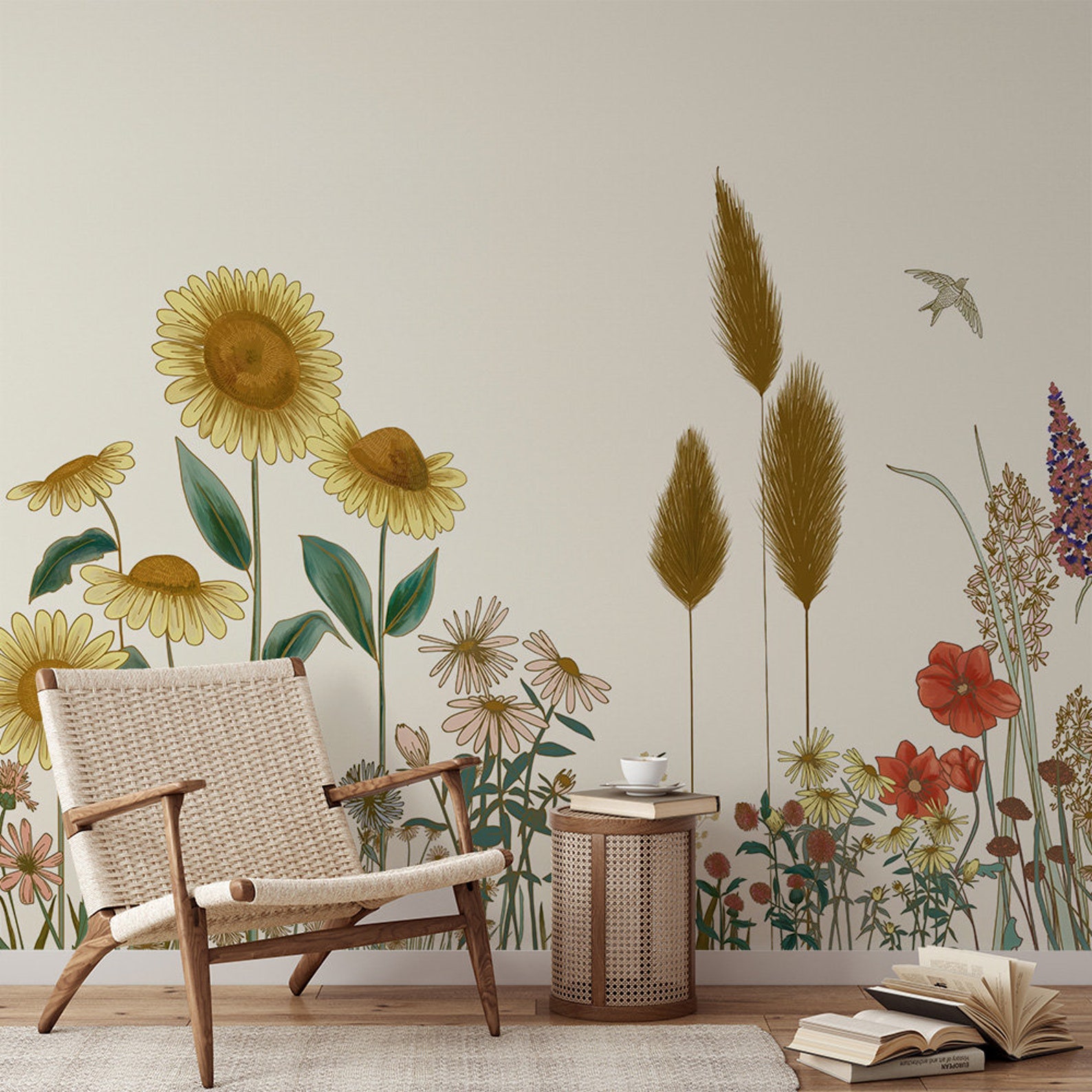Artistic Wildflower Meadow Wallpaper - Peel and Stick Sunflower & Poppy ...