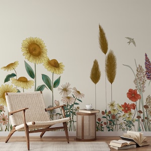 Artistic Wildflower Meadow Wallpaper - Peel and Stick Sunflower & Poppy Wall Mural Wallpaper