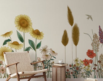 Sunflower Field Peel and Stick Wallpaper Mural - Removable Floral Wall Art - Botanical Wallpaper