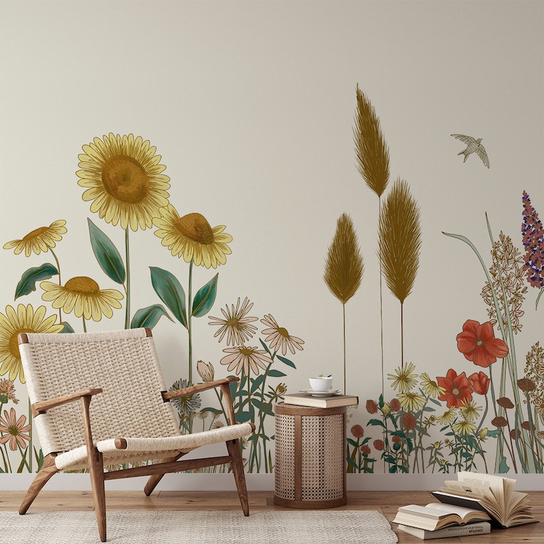 Artistic Wildflower Meadow Wallpaper - Peel and Stick Sunflower & Poppy ...