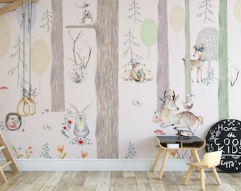 Mural de papel tapiz de amigos animales del bosque