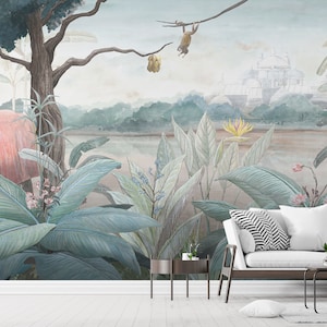 Carta da parati murale con animali botanici tropicali - Decorazione artistica da parete/Carta da parati staccabile e incollabile