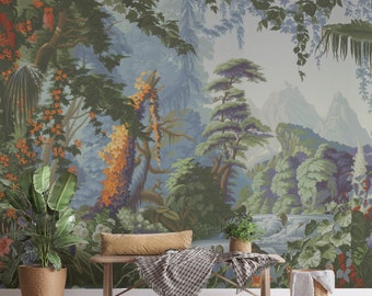 Enchanted Jungle Waterfall Scene -  Peel and Stick Wallpaper Mural - Removable Lush Botanical Wall Decor