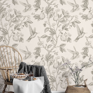 Hummingbirds and Flower Wallpaper Peel and Stick, Retro style, Nature Inspired Removable Wall Sticker 29 Wallart