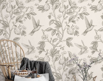 Hummingbird Floral Wallpaper: Retro Nature Peel and Stick Wall Art