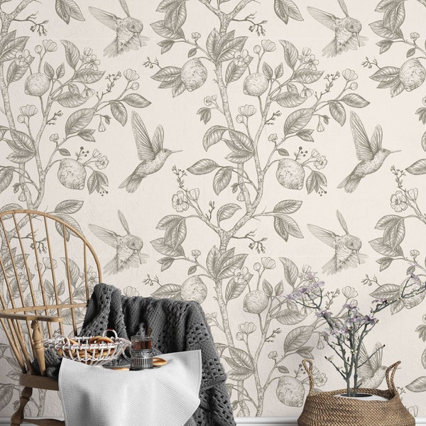 Hummingbirds and Flower Wallpaper Peel and Stick, Retro style, Nature Inspired Removable Wall Sticker 29 Wallart