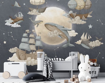 Nautical Dreamscape Wall Mural - Peel and Stick Wallpaper with Whimsical Sea Life
