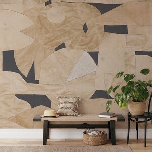 Modernistic mural with beige and black abstract patterns, a removable wallpaper that offers a bold statement for any space.