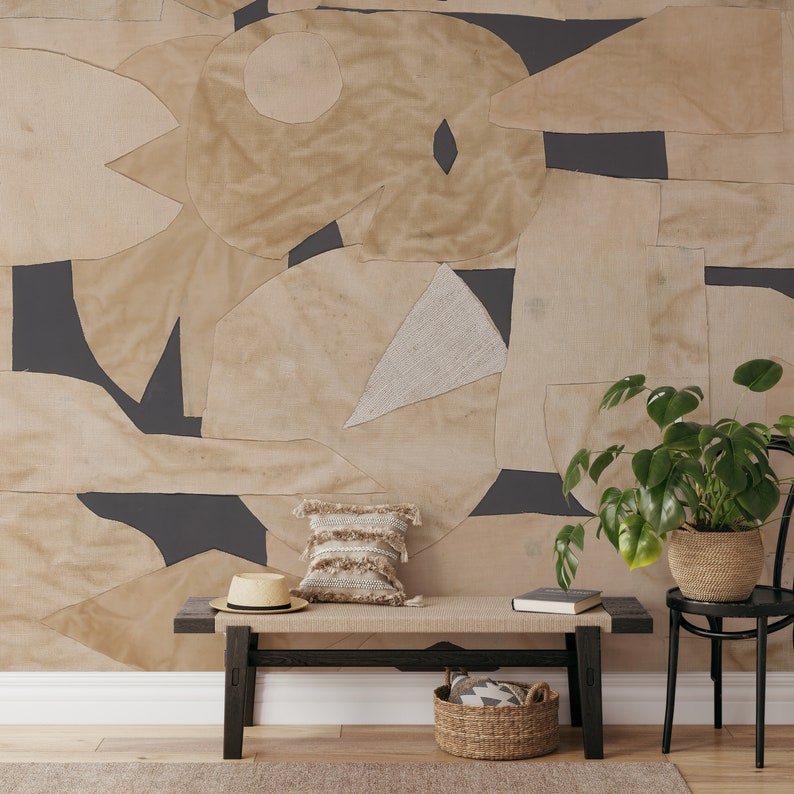 Modernistic mural with beige and black abstract patterns, a removable wallpaper that offers a bold statement for any space.