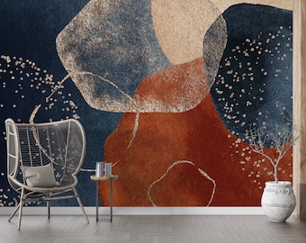 Terracotta Watercolor Wallpaper, Navy blue, orange, blush, pink, ivory, beige peel and stick Wall Mural by 29 Wallart