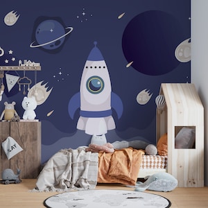 Carta da parati spaziale Razzo Galassia Astronauta Arte murale - Carta da parati staccabile e adesiva per la camera dei bambini-C456