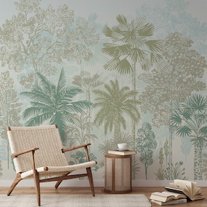 May include: A light blue and green wallpaper with a tropical forest design. The wallpaper features palm trees, ferns, and other foliage. A wicker chair and side table are in front of the wallpaper.