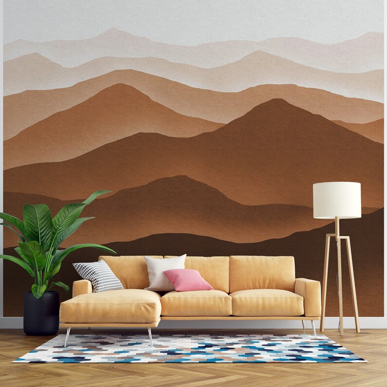 Mountain Landscape Wallpaper Mural - Brown Peel and Stick Wallpaper ...