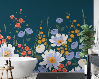 Navy Blue Botanical Wildflower Wallpaper | Colorful Orange and White Floral Wallpaper