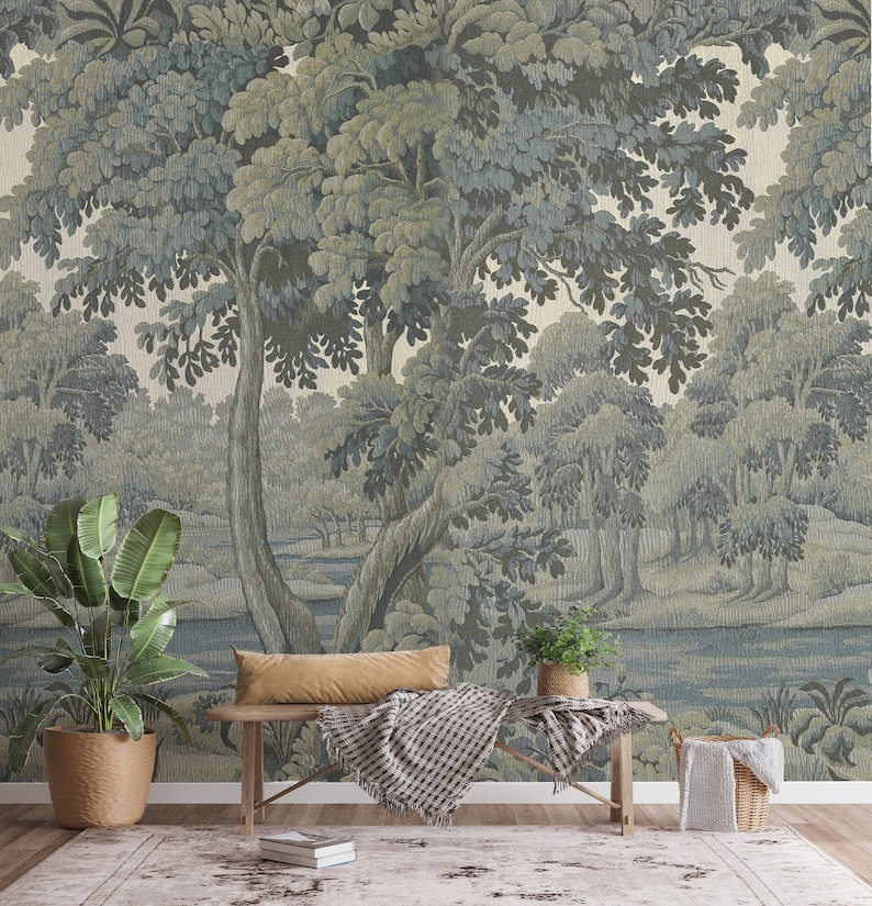 Peel and stick mural with sage green botanical nature scene, featuring trees and lush greenery.
