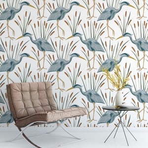 Vintage Heron Bird Wallpaper: Swamp Flora Peel and Stick Wall Mural