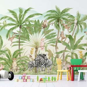 Peel and Stick Wallpaper Jungle Safari Wallpaper Mural with Exotic animals, Zebra, Leopard, Giraffe & Monkey by 29Wallart