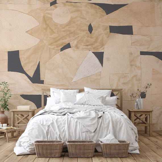 Abstract Geometric Wallpaper: Beige & Black Peel and Stick Mural