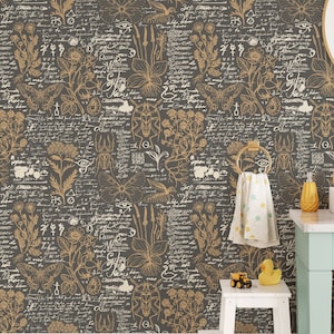 Retro Style Wallpaper Self Adhesive Hand-drawn herbs, beetles, butterflies and unreadable Wall Mural Vintage Wall Mural