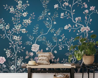 Vintage Floral Wallpaper Mural: Blue Botanical Peel and Stick Wall Art