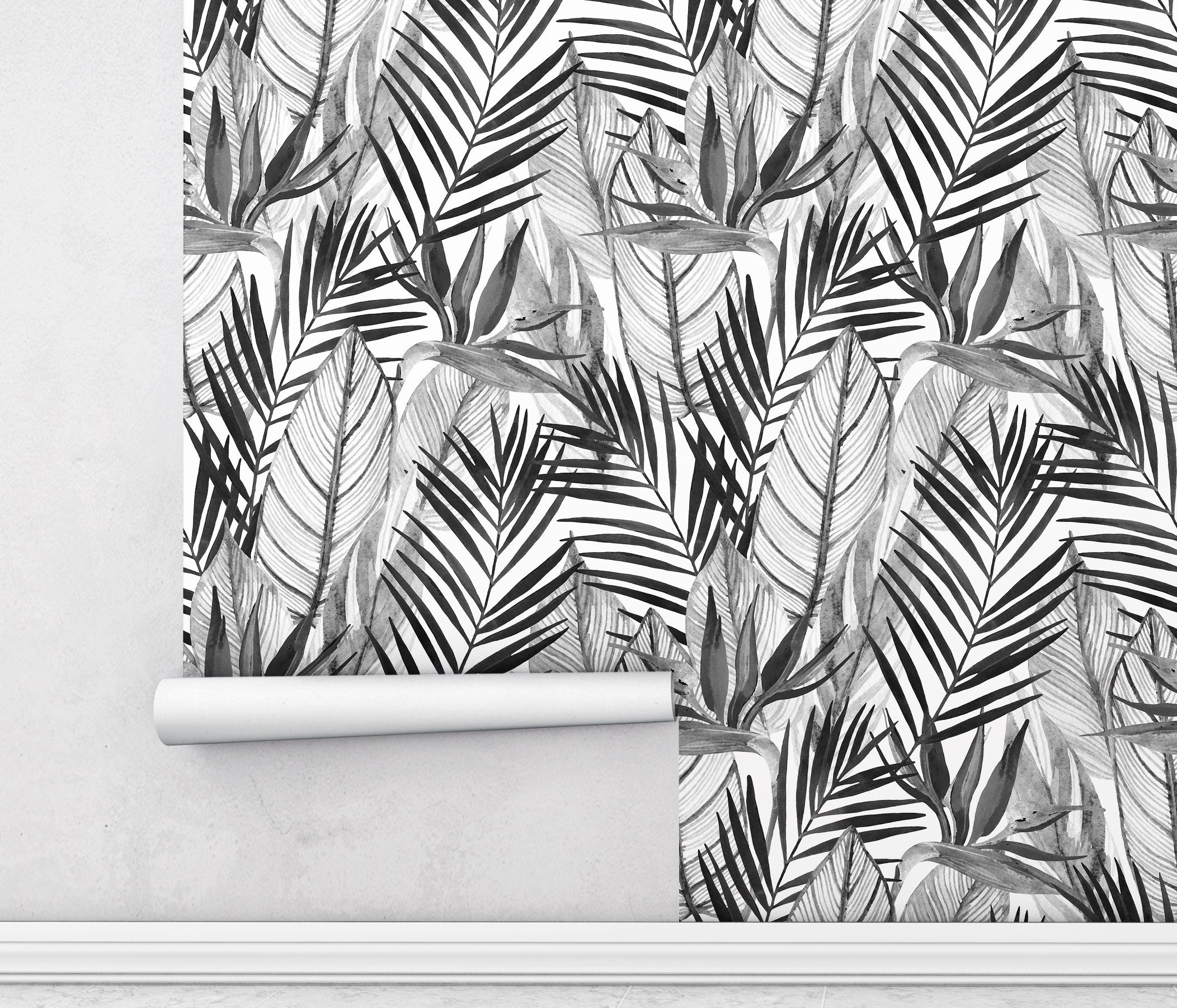 Black and White Palm Leaf Wallpaper: Watercolor Peel and Stick Mural - Etsy