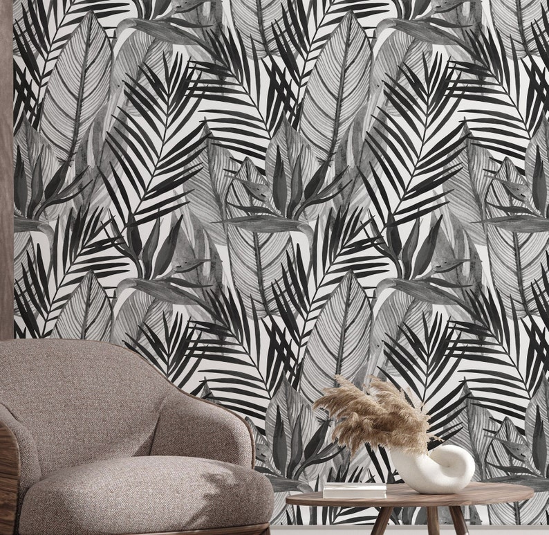 Black and White Palm Leaf Wallpaper: Watercolor Peel and Stick Mural - Etsy