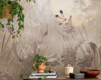 Beige botanische behangmuurschildering: elegante bloemenmuurkunst, peel and stick
