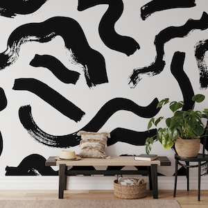 Black and White Abstract Brush Stroke Wallpaper - Modern Peel and Stick Mural-C453