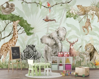 Jungle Safari Wallpaper Mural with Elephant, Zebra, Deer, Lion & Monkey kids peel and stick Wallpaper by 29 Wallart