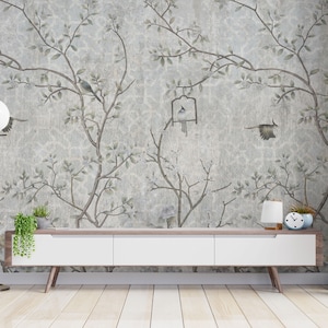 Tapete - Blätter Vögel Grau | Schälen und Aufkleben | Selbstklebend | Abnehmbare Tapete | Wohnzimmer | von 29Wallart