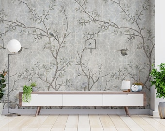 Leaves Birds Gray Wallpaper: Peel and Stick Removable Wall Art