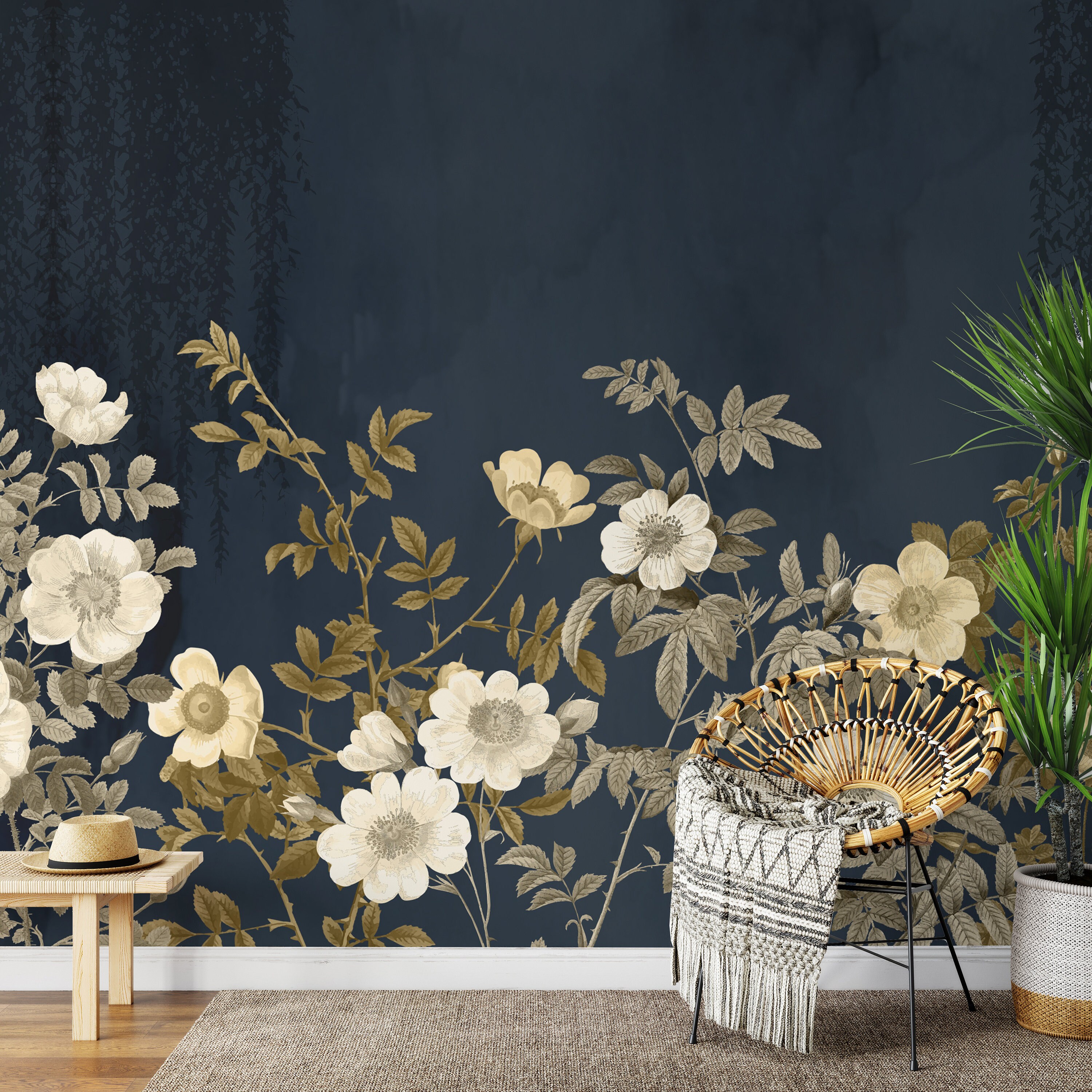 Golden Floral Wallpaper - Vintage Botanical Wall Art Peel and Stick ...
