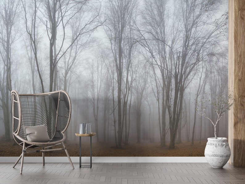 Natural Foggy Forest Mural Wallpaper Peel and Stick & Etsy
