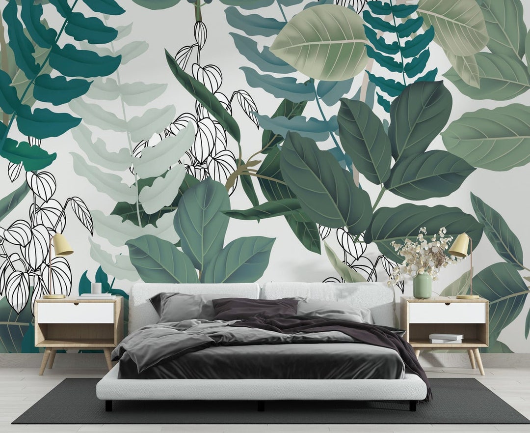 Green Botanical Leaf Mural: Peel and Stick Wallpaper - Etsy