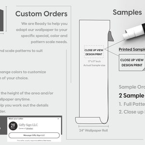 May include: A diagram showing how to order custom wallpaper. The diagram includes information about size, color, and area. It also shows a sample order that comes with two 17" x 11" samples. One sample shows the full pattern and the other shows a close-up of the pattern.