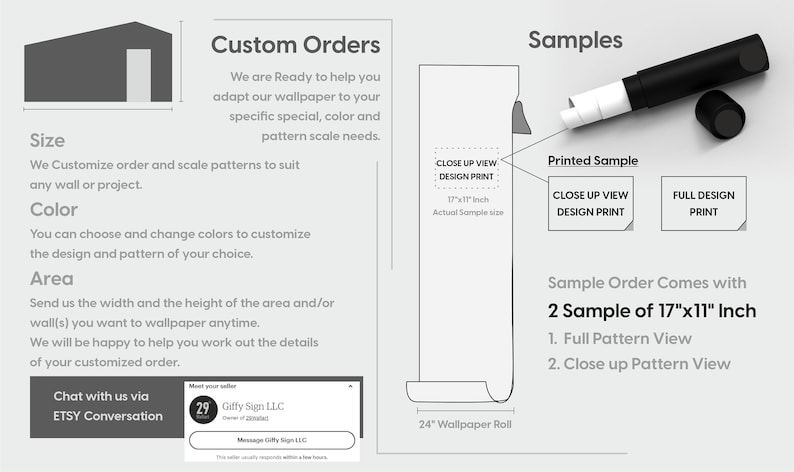 May include: A diagram showing how to order custom wallpaper. The diagram includes information about size, color, and area. It also shows a sample order that comes with two 17" x 11" samples. One sample shows the full pattern and the other shows a close-up of the pattern.