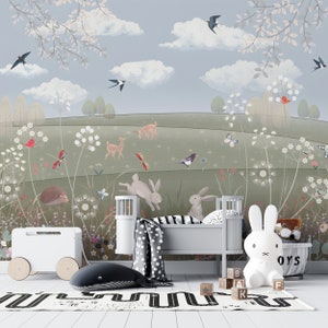 Serene Pastel Meadow with Woodland Creatures Peel and Stick Wallpaper