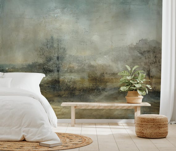 Misty Forest Wallpaper - Green Scenic Wall Mural - Peel and Stick Nature Wallpaper-C480
