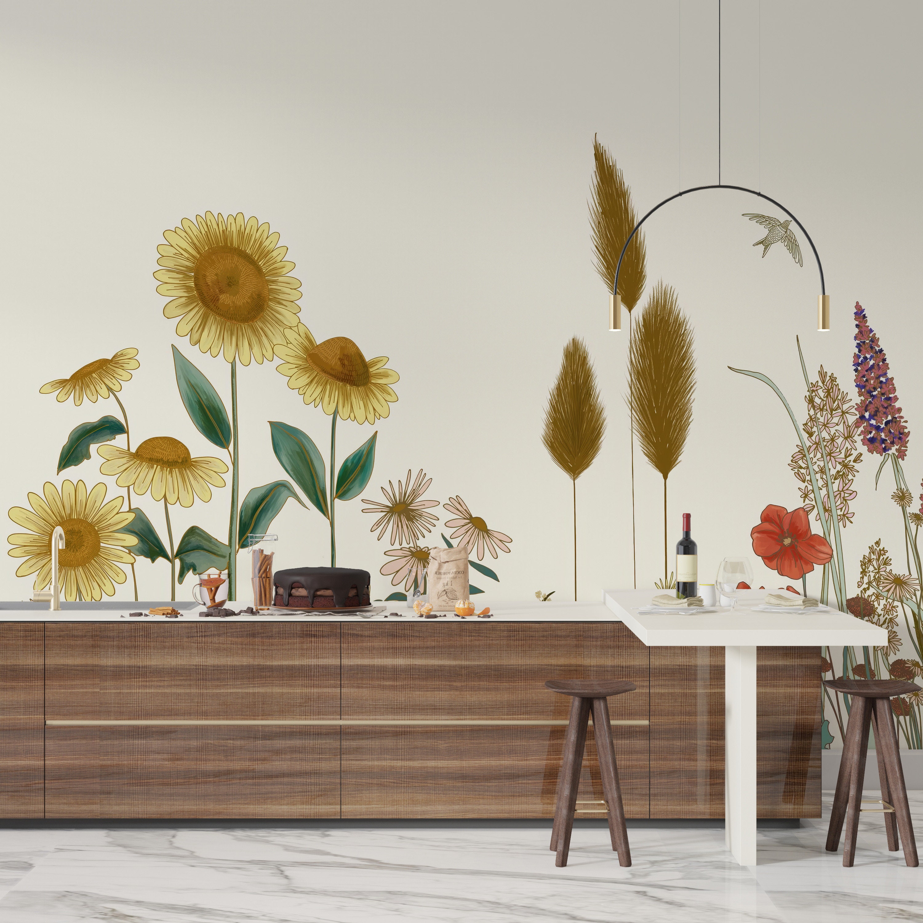 Artistic Wildflower Meadow Wallpaper - Peel and Stick Sunflower & Poppy ...