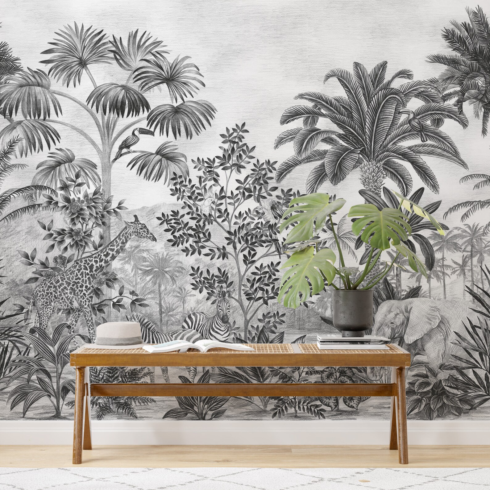 Jungle Safari Animal Wallpaper Mural - Peel and Stick Tropical Forest ...