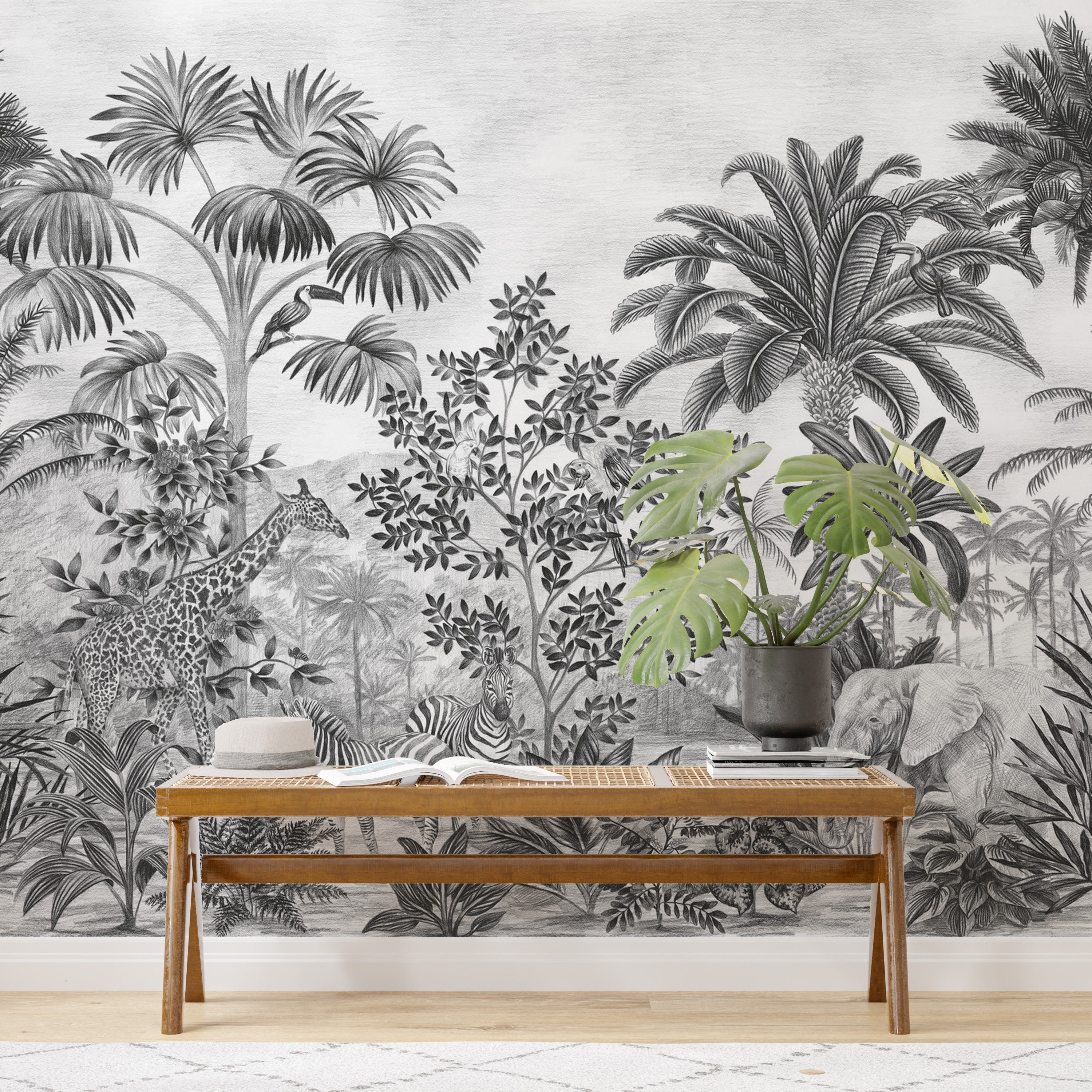 Jungle Safari Animal Wallpaper Mural - Peel and Stick Tropical Forest ...
