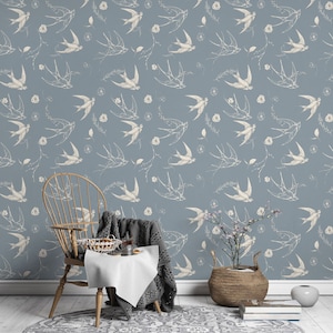 Swallow Birds and Flower Wallpaper Peel and Stick Wallpaper, flower elements on grey Removable Wall Sticker 29 Wallart