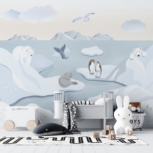 Carta da parati murale con animali selvatici dell'Artico - Orso polare - Foche - Pinguini in un paesaggio innevato - Carta da parati per cameretta dei bambini