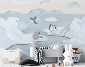 Eisbär - Robbe - Pinguine in einer verschneiten Szenerie - Kinderzimmer Wandbild der wilden Tiere der Arktis