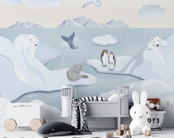Arctic Wildlife Wallpaper Mural - Polar Bear - Seals - Penguins in a Snowy Scene - Nursery Wallpaper