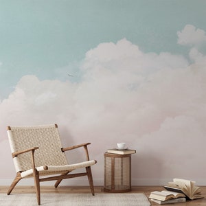 Pastel cloud wallpaper with pink and sky blue hues, ideal for nurseries, bedrooms, and living rooms