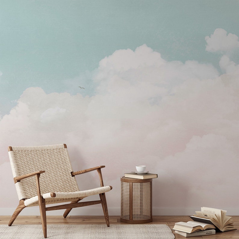 Pastel cloud wallpaper with pink and sky blue hues, ideal for nurseries, bedrooms, and living rooms