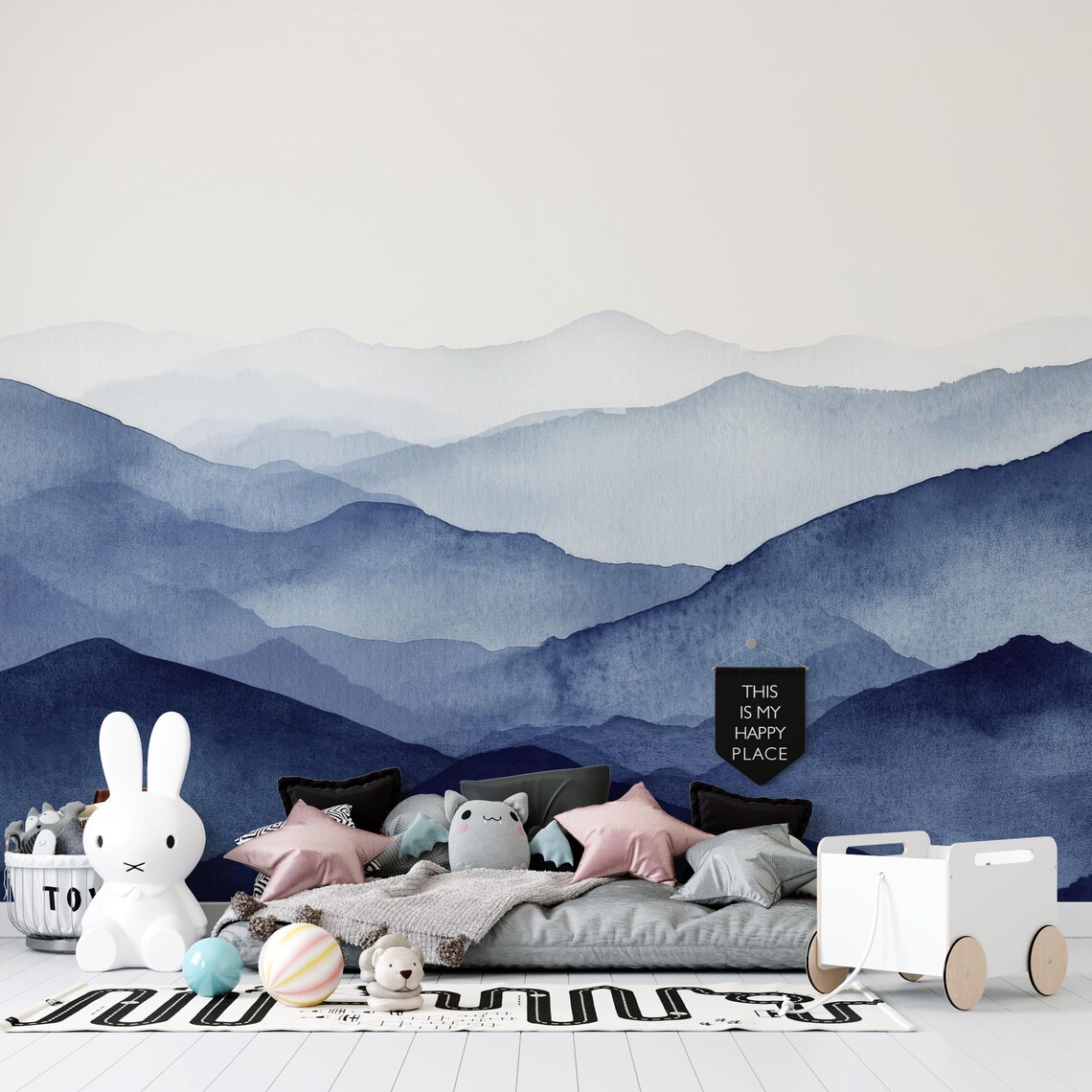 Serene Blue Mountain Wallpaper Mural - Foggy Peel and Stick Wallpaper ...