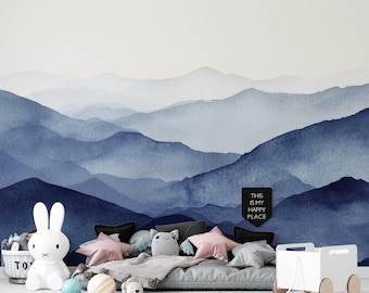 Mural de papel pintado Montaña Azul Serena - Papel pintado autoadhesivo con niebla - C462